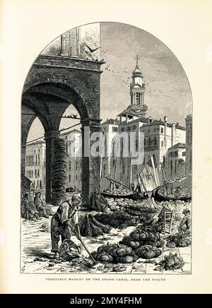 Antique illustration representing a vegetable market on the Grand Canal in Venice, Italy. Engraving published in Picturesque Europe, Vol. III (Cassell Stock Photo