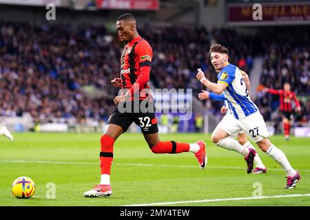 Bournemouth's Jaidon Anthony (left) and Brighton and Hove Albion's Billy Gilmour battle for the ball during the Premier League match at the Amex Stadium, Brighton and Hove. Picture date: Saturday February 4, 2023. Stock Photo