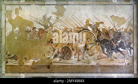 Alexander The Great Mosaic. Roman floor mosaic of the Battle of Issus, called the Alexander Mosaic, in the House of the Faun, Pompeii, c. 100 BC. It depicts the battle between the armies of Alexander the Great and Darius III of Persia in 333 BC Stock Photo