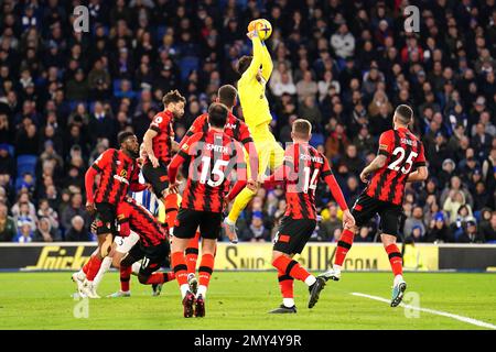 Bournemouth goalkeeper Neto collects the ball from a free-kick during the Premier League match at the Amex Stadium, Brighton and Hove. Picture date: Saturday February 4, 2023. Stock Photo