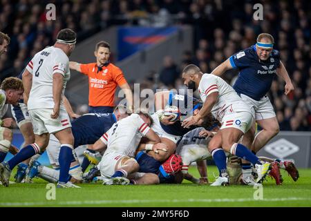 4th February 2023; Twickenham Stadium, London, England: Six Nations International Rugby England versus Scotland; Pierre Schoeman of Scotland pushes forward Stock Photo