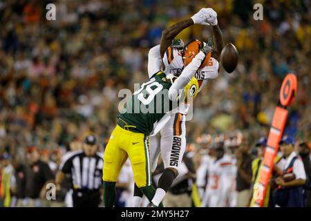 Oakland Raiders wide receiver James Jones tries to make a catch while being  covered by Green Bay Packers cornerback Demetri Goodson during an NFL  pre-season football game Friday Aug. 22, 2014, in