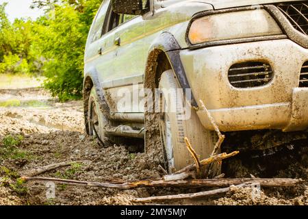 Close up view 4WD vehicle front wheel stuck in mud go backwards forwards use tree branch outdoors in wwt spring nature. Extreme road conditions summer Stock Photo