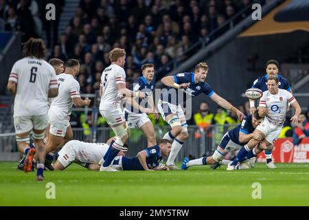 4th February 2023; Twickenham Stadium, London, England: Six Nations International Rugby England versus Scotland; Max Malins of England  is tackled Stock Photo