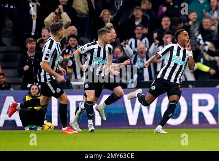 Newcastle United's Joe Willock (right) celebrates scoring a goal before it is later ruled out during the Premier League match at St. James' Park, Newcastle upon Tyne. Picture date: Saturday February 4, 2023. Stock Photo