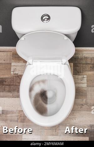 Toilet bowl before and after cleaning in bathroom, top view Stock Photo