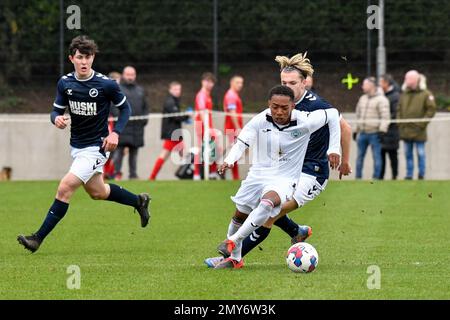 Swansea, Wales. 4 February 2023. Iwan Morgan of Swansea City high fives  Aimar Govea of Swansea City during the Professional Development League game  between Swansea City Under 18 and Millwall Under 18