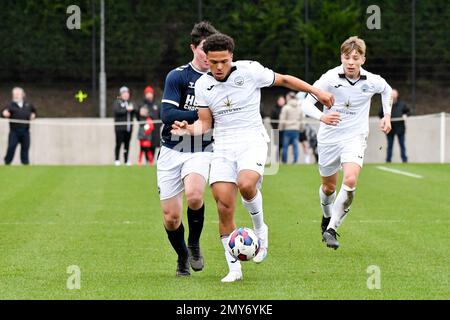 Swansea, Wales. 4 February 2023. Zane Myers of Swansea City under pressure  from Oliver Evans of Millwall during the Professional Development League  game between Swansea City Under 18 and Millwall Under 18