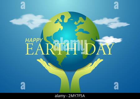 Earth day poster concept. Eco design 3d Earth map shape on cloud with hands below it, with save Earth concept. Happy Earth Day Stock Vector