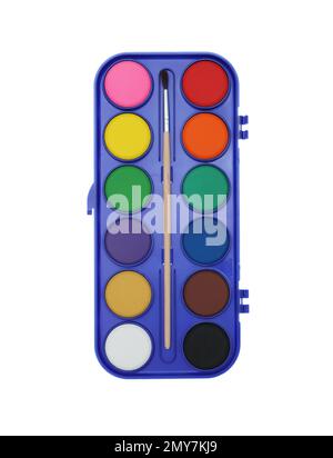 Plastic watercolor palette isolated on white, top view. School stationery Stock Photo