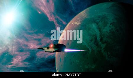 Spaceship orbiting around a planet in another galaxy. Exoplanets and worlds of other dimensions. Conquest of space. Sci-fi. 3d rendering Stock Photo