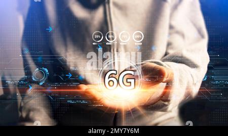 The concept of 6G network, high-speed mobile Internet, new generation networks. Business, modern technology, internet and networking concept. Stock Photo