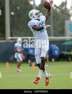 Miami Dolphins wide receiver Rashawn Scott (87) does drills at the