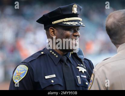 Acting San Francisco Police Chief Toney Chaplin stands on the field during Law  Enforcement Appreciation Night before a baseball game between the San  Francisco Giants and the Washington Nationals in San Francisco