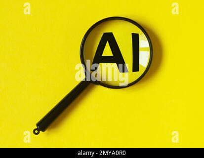 AI artificial intelligence research, study through magnifying glass. High quality photo Stock Photo