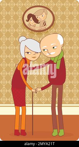 Elderly couple posing under their pld family photo on the wall. Flat vector illustration Stock Vector