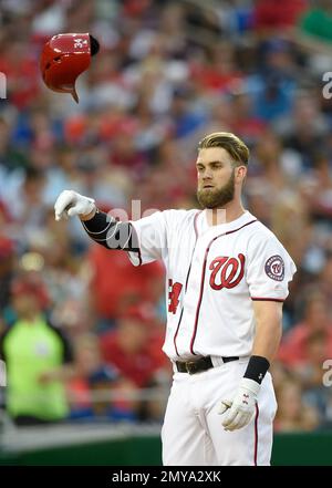 Washington Nationals Bryce Harper tosses his bat in frustration after  striking out against Los Angeles Dodgers starter Clayton Kershaw in the  first inning of game at Nationals Park in Washington, DC on