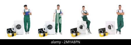 Collage with photos of plumber on white background. Banner design Stock Photo