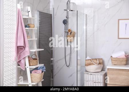 Bathroom interior with shower stall and shelving unit. Idea for design Stock Photo