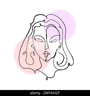 Simple, minimalist vector illustration of beautiful woman face. Line drawing With watercolor stains. Stock Vector