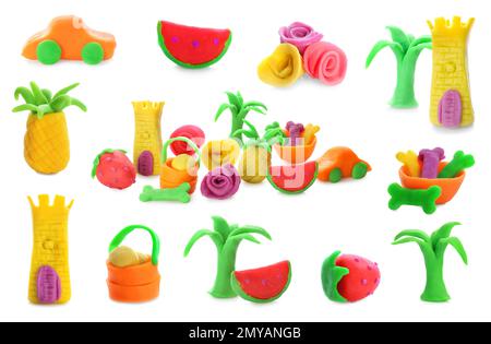 Collection of small figures made from play dough on white background Stock Photo