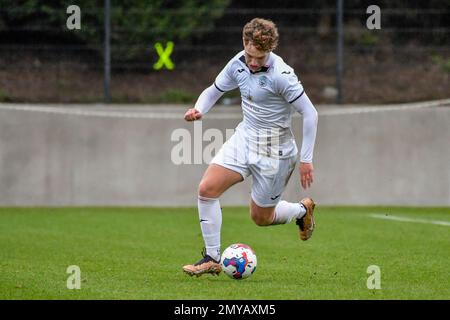 Swansea, Wales. 4 February 2023. Iwan Morgan of Swansea City high fives  Aimar Govea of Swansea City during the Professional Development League game  between Swansea City Under 18 and Millwall Under 18