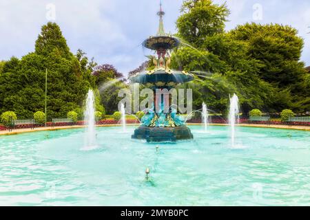 Spectacular streaming water fountain in public park of Christchurch city of New Zealand. Stock Photo