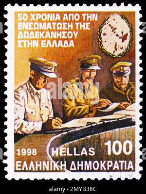 MOSCOW, RUSSIA - FEBRUARY 2, 2023: Postage stamp printed in Greece shows Germans signing the islands' surrender to Allies (1945), Dodecanese Islands - Stock Photo