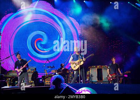 Will Champion of Coldplay, performs during the band's Music of the Spheres  world tour on Thursday, May 12, 2022, at State Farm Stadium in Glendale,  Ariz. (Photo by Rick Scuteri/Invision/AP Stock Photo 