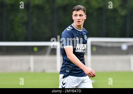 Swansea, Wales. 4 February 2023. Zane Myers of Swansea City under pressure  from Oliver Evans of Millwall during the Professional Development League  game between Swansea City Under 18 and Millwall Under 18