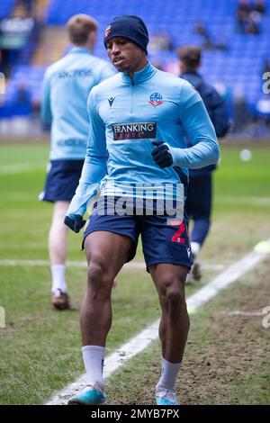 Victor Adeboyejo #29 of Bolton Wanderers warms up during the Sky Bet League 1 match between Bolton Wanderers and Cheltenham Town at the University of Bolton Stadium, Bolton on Saturday 4th February 2023. (Credit: Mike Morese | MI News) Credit: MI News & Sport /Alamy Live News Stock Photo