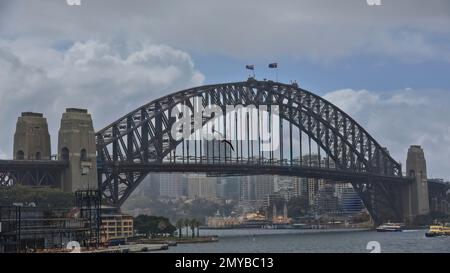 480 Sydney Harbour Bridge arch and pylons seen from Circular Quay railway station on a misty morning under overcast sky. Queensland-Australia. Stock Photo