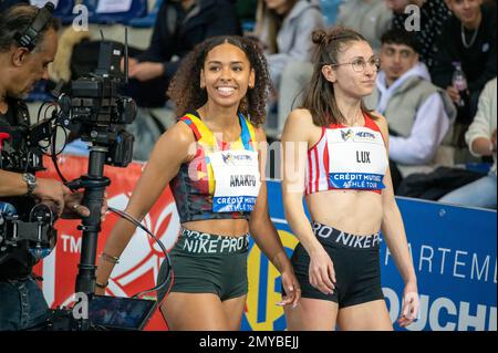 Naomi Akakpo and Karen Lux during the Meeting Miramas Metropole 2023, World Athletics Indoor Tour on February 3, 2023 at Miramas Metropole stadium in Miramas, France - Photo: Florian Frison/DPPI/LiveMedia Stock Photo