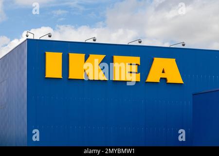 Brest, France - October 03 2022 : Sign of  IKEA, a Swedish multinational conglomerate based in the Netherlands. Stock Photo