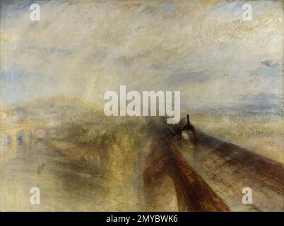 Rain, Steam and Speed - The Great Western Railway; the painting depicts an early locomotive of the Great Western Railway crossing the River Thames on Brunel's recently completed Maidenhead Railway Bridge. JMW Turner. 1844 Stock Photo
