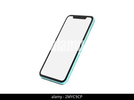 MYKOLAIV, UKRAINE - JULY 07, 2020: iPhone 11 on white background. Mockup for design Stock Photo