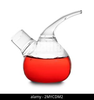 Glass retort flask with red liquid sample isolated on white. Laboratory analysis Stock Photo