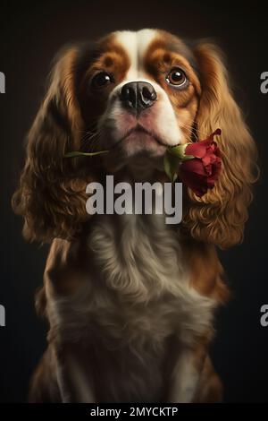Portrait of a Cavalier King Charles spaniel dog holding a red rose in its mouth Stock Photo