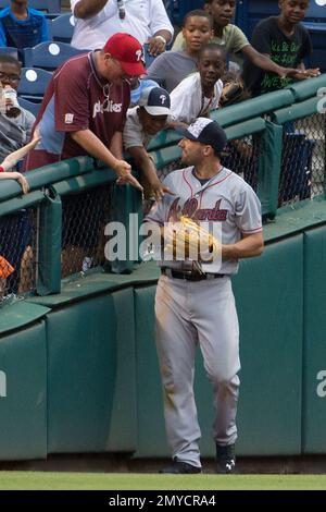 Atlanta Braves left fielder Jeff Francoeur (18) prepares for the game  against the Colorado Rockies, July 23, 2016 in Denver. (Margaret Bowles via  AP Images Stock Photo - Alamy