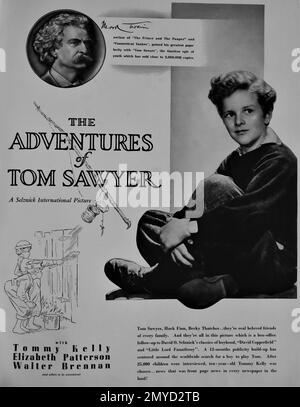 Promotional Artwork for TOMMY KELLY ELIZABETH PATTERSON (subsequently replaced by May Robson) and WALTER BRENNAN and others to be announced in THE ADVENTURES OF TOM SAWYER novel MARK TWAIN from the United Artists Campaign Year Book for Exhibitors for 1937 - 1938 Stock Photo