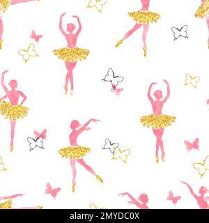 Seamless pattern with dancing ballerinas and butterflies in watercolor pink and glittering gold colors. Vector illustration. Stock Vector