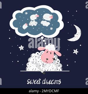 Sweet dreams vector illustration. Cute sheep, stars and moon. Stock Vector