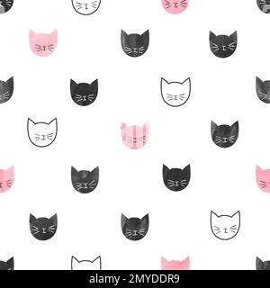 Seamless cute cats pattern. Vector background with watercolor cat heads Stock Vector