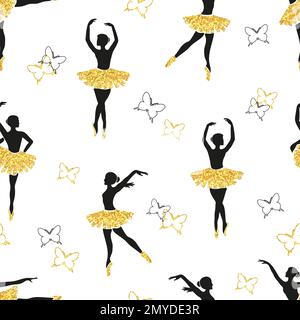 Seamless pattern with dancing ballerinas and butterflies. Vector illustration. Stock Vector