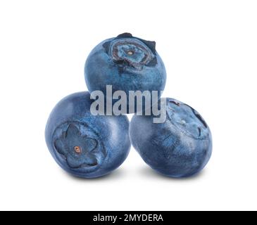 Three whole ripe blueberries on white background Stock Photo