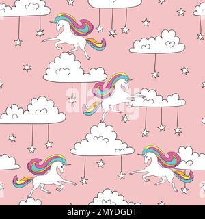 Seamless unicorn pattern. Magic vector background with cute unicorns, clouds and stars. Stock Vector