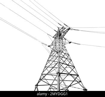 High voltage tower isolated on white, low angle view. Electric power transmission Stock Photo