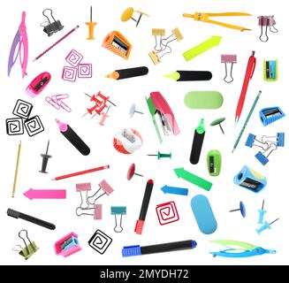 Set of bright school stationery on white background Stock Photo
