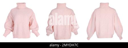 Collage with stylish warm pink sweater on white background Stock Photo
