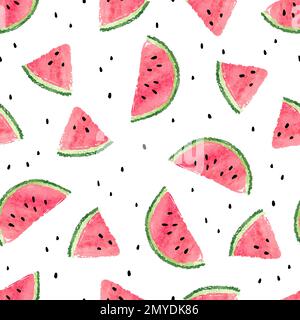 Seamless watermelons pattern. Vector background with watercolor watermelon slices. Stock Vector